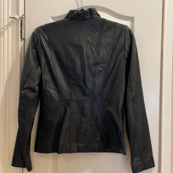 Tahari Leather Jacket with ruffle neck - Picture 3 of 6